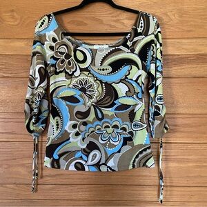 Y2K AGB Byer paisley brown green blue floral off shoulder top